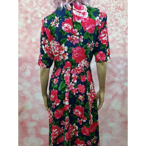 Vintage 80s Floral Rose Dress Size M With Pockets Caroline Wells Pink Blue Midi - Picture 11 of 12